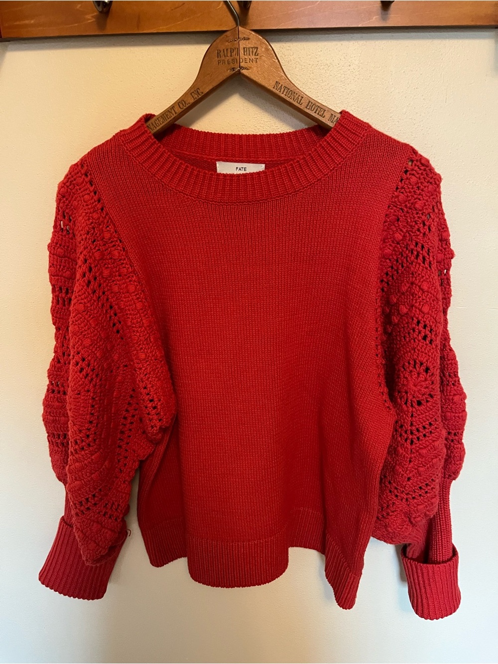 Fate Red Hand Knit Crochet-Sleeve Women's Sweater